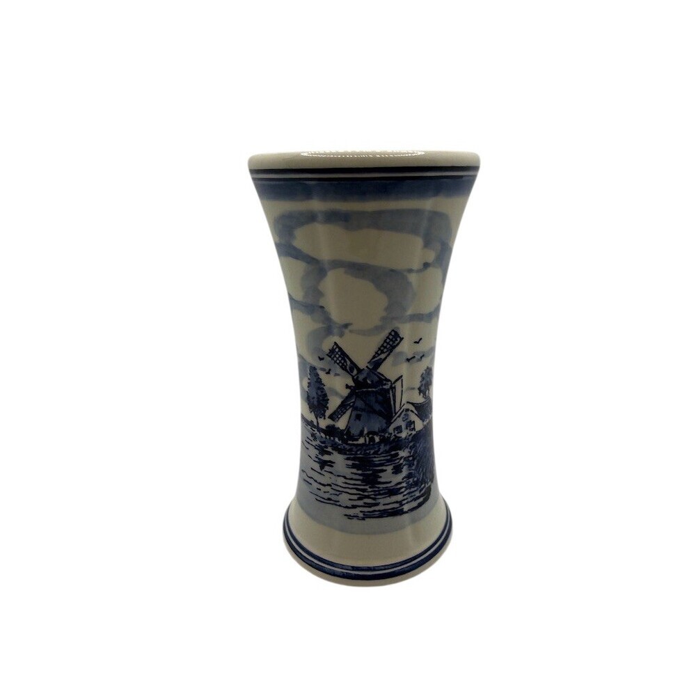 DeWit Delft Blue Handpainted Vase Windmill Scenic Floral Tulip 6 in